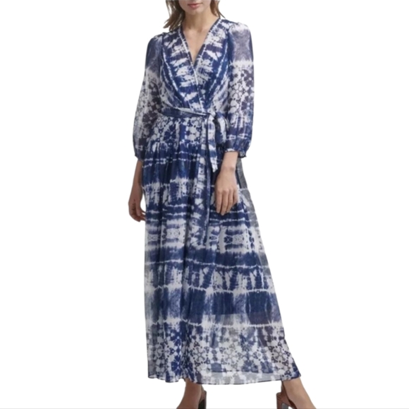 Calvin Klein Dresses & Skirts - Calvin Klein Tie Dyed Wrap Maxi Dress Blue White Wedding Evening Womens Size 8